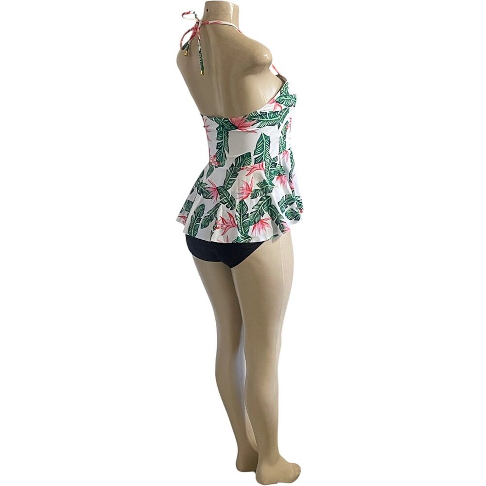 Tropical Halter Peplum Tankini 2-Piece Set 🌿 Flowy Flattering Swimwear (L) - Picture 4 of 8